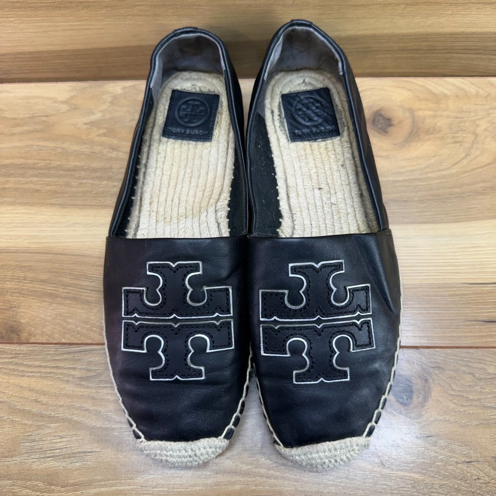 Tory Burch Ines Espadrilles Flats Womens 10 M Black Soft Leather Slip On Travel